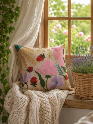 meadow threads beige cotton embroidered cushion cover (16"x16") 1