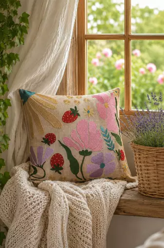 meadow threads beige cotton embroidered cushion cover (16"x16")