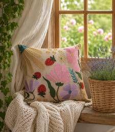 meadow threads beige cotton embroidered cushion cover (16"x16")