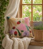 meadow threads beige cotton embroidered cushion cover (16"x16")