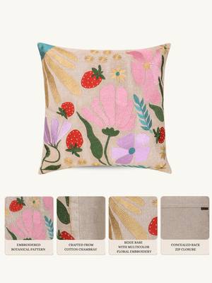 meadow threads beige cotton embroidered cushion cover (16"x16") 2