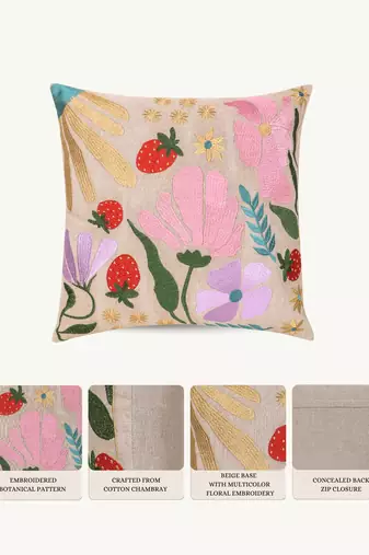 meadow threads beige cotton embroidered cushion cover (16"x16")
