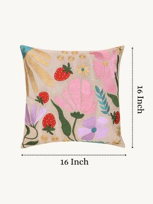 meadow threads beige cotton embroidered cushion cover (16"x16") 3