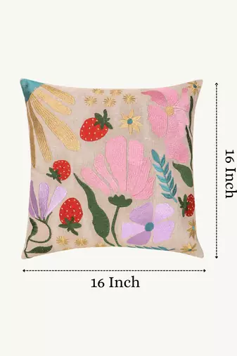 meadow threads beige cotton embroidered cushion cover (16"x16")