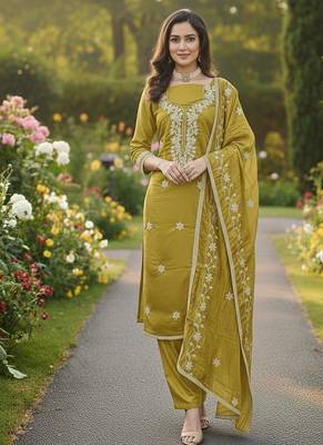 yellow embroidered roman silk pv chanderi unstitched dress material  3
