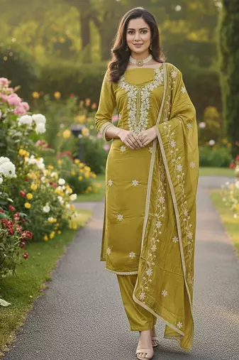 yellow embroidered roman silk pv chanderi unstitched dress material 