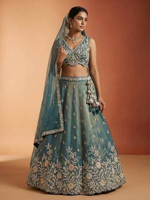 Women's Shade of Teal Tissue Moti with Embroidered Lehenga Choli with Dupatta 1