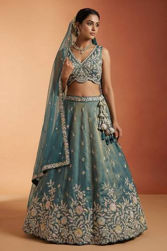 Women's Shade of Teal Tissue Moti with Embroidered Lehenga Choli with Dupatta