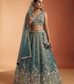 Women's Shade of Teal Tissue Moti with Embroidered Lehenga Choli with Dupatta