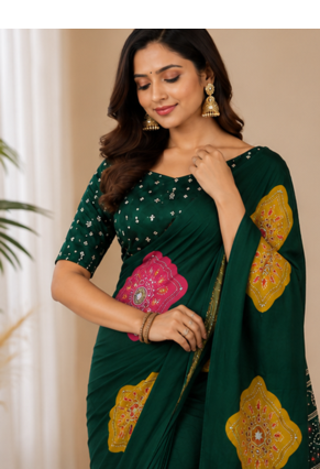 Dark Green Color Beautiful Ajarakh print with Real mirror work and Latkan Satin Crepe Saree 1