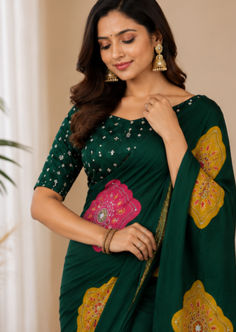 Dark Green Color Beautiful Ajarakh print with Real mirror work and Latkan Satin Crepe Saree