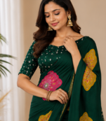 Dark Green Color Beautiful Ajarakh print with Real mirror work and Latkan Satin Crepe Saree