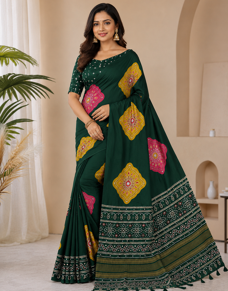 Dark Green Color Beautiful Ajarakh print with Real mirror work and Latkan Satin Crepe Saree