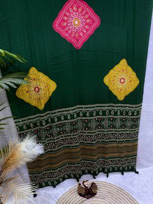 Dark Green Color Beautiful Ajarakh print with Real mirror work and Latkan Satin Crepe Saree 3
