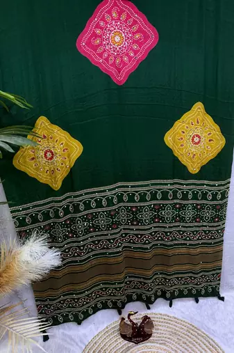 Dark Green Color Beautiful Ajarakh print with Real mirror work and Latkan Satin Crepe Saree