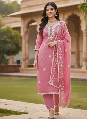 pink embroidered roman silk pv chanderi unstitched dress material  1