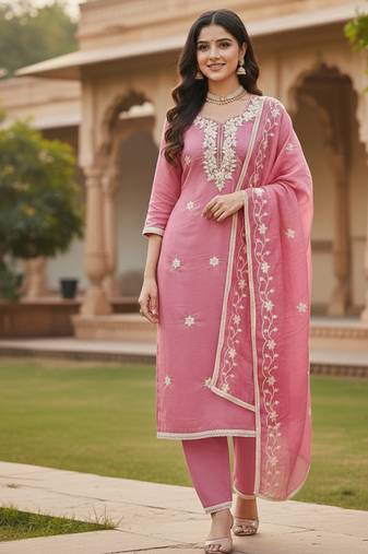 pink embroidered roman silk pv chanderi unstitched dress material 