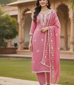 pink embroidered roman silk pv chanderi unstitched dress material 
