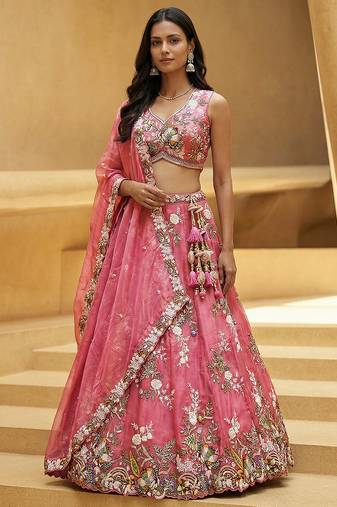 Women's Pink Tissue Woolen Embroidered Lehenga Choli with Dupatta