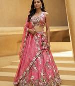 Women's Pink Tissue Woolen Embroidered Lehenga Choli with Dupatta