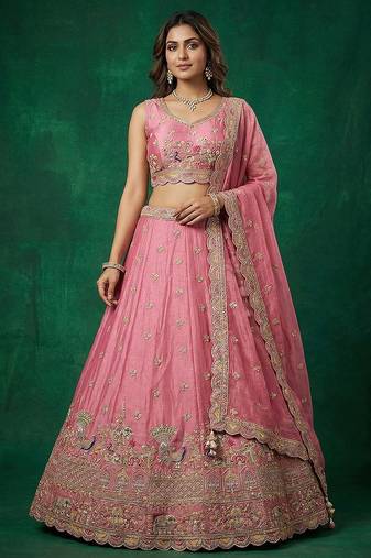 Women's Pink Tissue Zarkan Embroidered Lehenga Choli with Dupatta