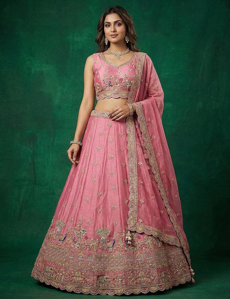 Women's Pink Tissue Zarkan Embroidered Lehenga Choli with Dupatta
