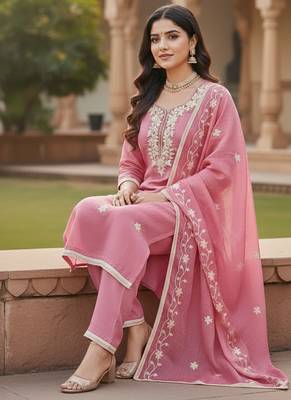 pink embroidered roman silk pv chanderi unstitched dress material  2