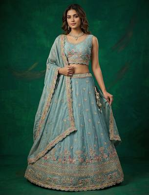 Women's Turquoise Tissue Zarkan Embroidered Lehenga Choli with Dupatta 1