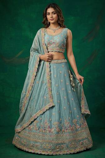 Women's Turquoise Tissue Zarkan Embroidered Lehenga Choli with Dupatta