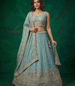 Women's Turquoise Tissue Zarkan Embroidered Lehenga Choli with Dupatta