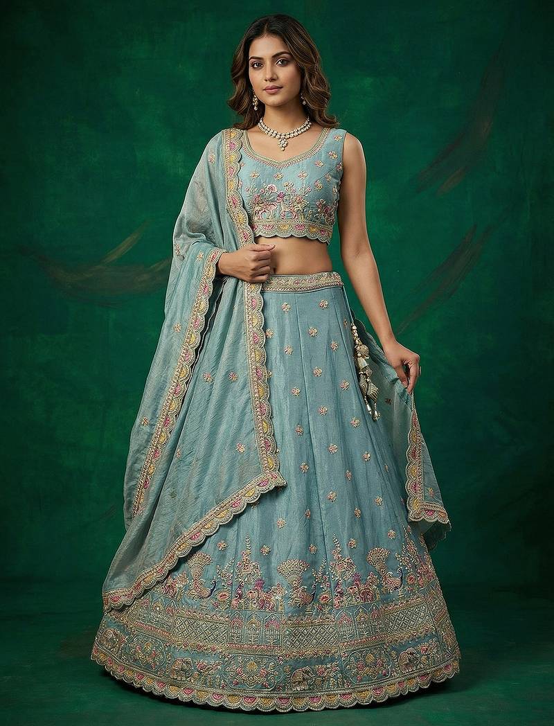 Women's Turquoise Tissue Zarkan Embroidered Lehenga Choli with Dupatta