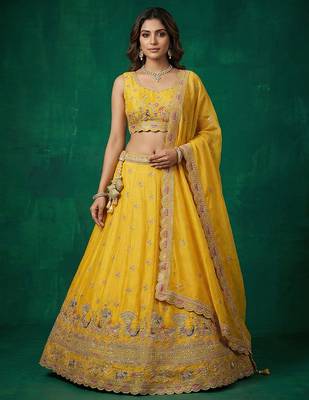 Women's Yellow Tissue Zarkan Embroidered Lehenga Choli with Dupatta 1