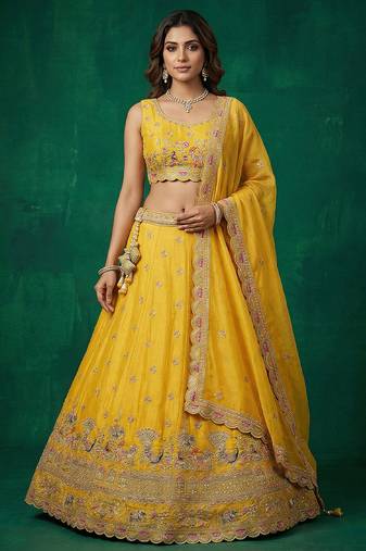 Women's Yellow Tissue Zarkan Embroidered Lehenga Choli with Dupatta