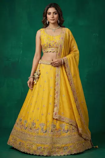 Women's Yellow Tissue Zarkan Embroidered Lehenga Choli with Dupatta