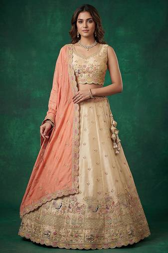 Women's Beige Tissue Zarkan Embroidered Lehenga Choli with Dupatta