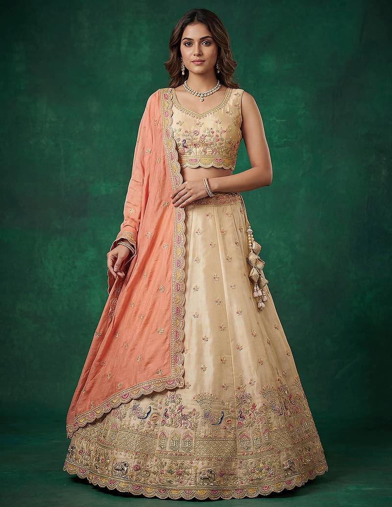 Women's Beige Tissue Zarkan Embroidered Lehenga Choli with Dupatta