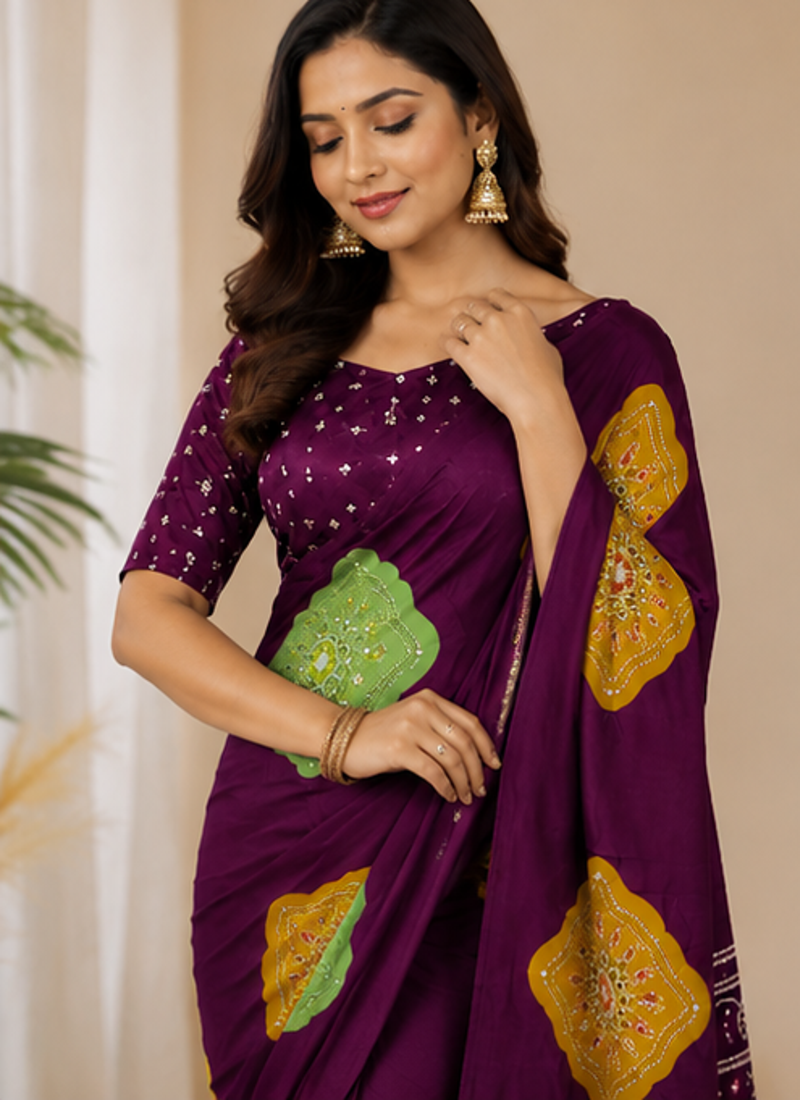 Maroon Color Beautiful Ajarakh print with Real mirror work and Latkan Satin Crepe Saree