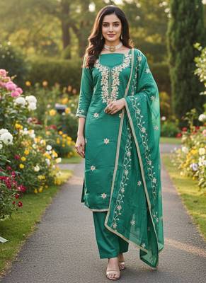 sea green embroidered roman silk pv chanderi unstitched dress material  1