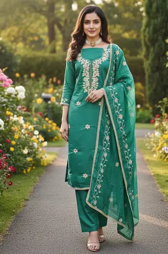 sea green embroidered roman silk pv chanderi unstitched dress material 