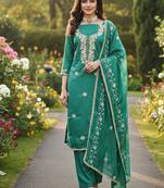 sea green embroidered roman silk pv chanderi unstitched dress material 