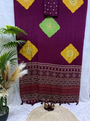 Maroon Color Beautiful Ajarakh print with Real mirror work and Latkan Satin Crepe Saree 3