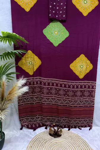 Maroon Color Beautiful Ajarakh print with Real mirror work and Latkan Satin Crepe Saree