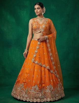 Women's Orange Chinnon Moti with Sequince Embroidered Lehenga Choli with Dupatta 1