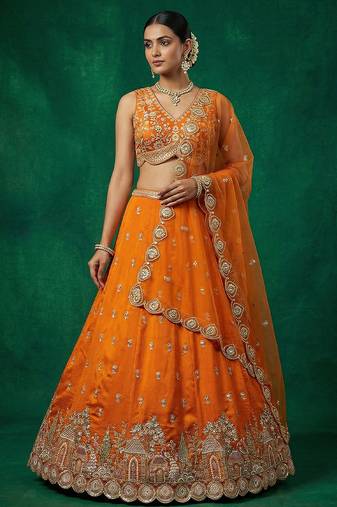 Women's Orange Chinnon Moti with Sequince Embroidered Lehenga Choli with Dupatta