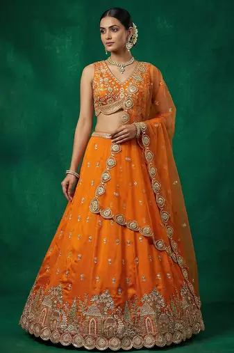 Women's Orange Chinnon Moti with Sequince Embroidered Lehenga Choli with Dupatta