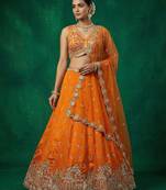 Women's Orange Chinnon Moti with Sequince Embroidered Lehenga Choli with Dupatta
