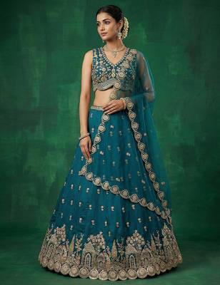 Women's Teal Chinnon Moti with Sequince Embroidered Lehenga Choli with Dupatta 1