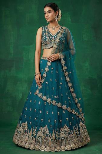 Women's Teal Chinnon Moti with Sequince Embroidered Lehenga Choli with Dupatta