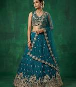 Women's Teal Chinnon Moti with Sequince Embroidered Lehenga Choli with Dupatta