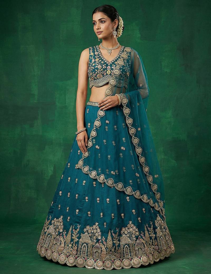 Women's Teal Chinnon Moti with Sequince Embroidered Lehenga Choli with Dupatta